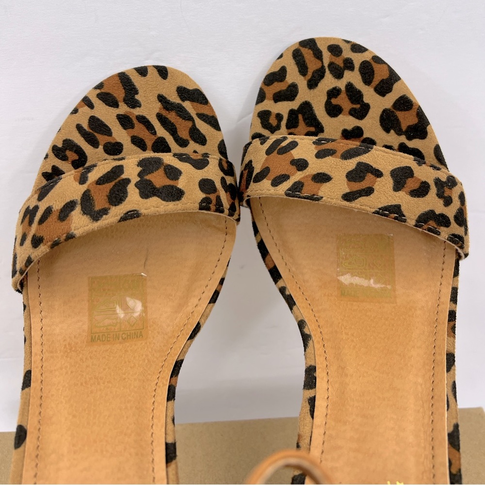 VINTAGE HAVANA,BEIGE & COFFEE LEOPARD PRINT OPEN TOE MIDTOP, ANKLE LOOP W/BUCKLE - Picture 7 of 14